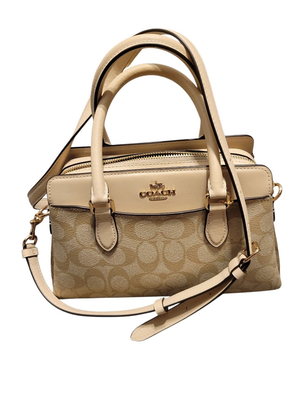 Coach Mini Darcie Carryall Beige Signature Canvas with Cream Leather Trim